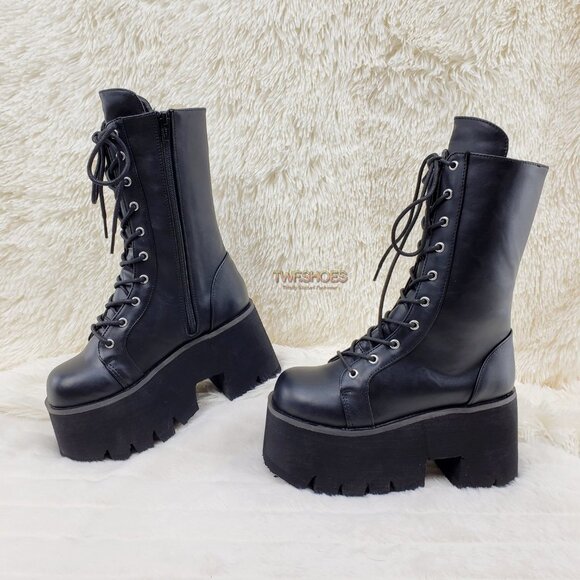 Ashes Black Matte Platform Goth Punk Mid Calf Combat Boots - Picture 13 of 14